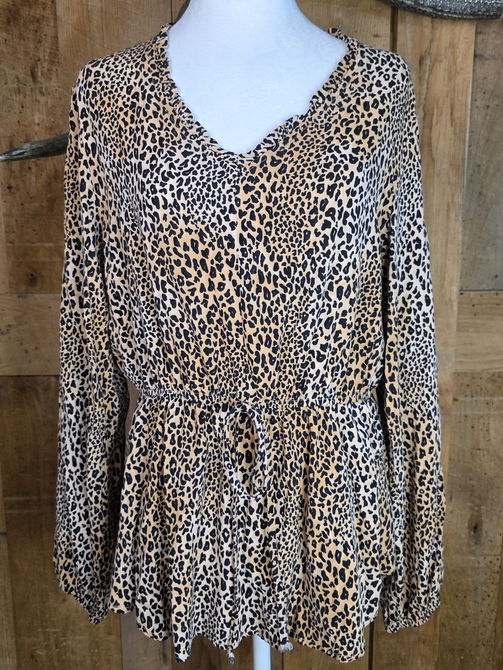 Savanna Jane Leopard Print Peplum Blouse Large Ruffle Neck Boho Western Indie